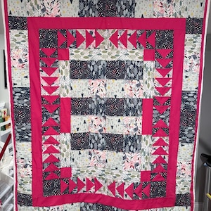 Handmade Lap Quilt with Minky Backing – 45x58 Cozy Throw Blanket – Cotton Patchwork Quilt – Pink Floral Woodland Blanket