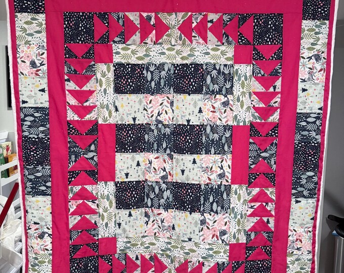 Handmade Lap Quilt with Minky Backing – 45x58 Cozy Throw Blanket – Cotton Patchwork Quilt – Pink Floral Woodland Blanket