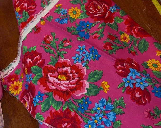 Hot Pink Kookum Scarf Fabric by Elizabeth Studios – Floral Cotton Fabric – Ribbon Skirt Fabric – Sold by 1/2 Yard Continuous Cut