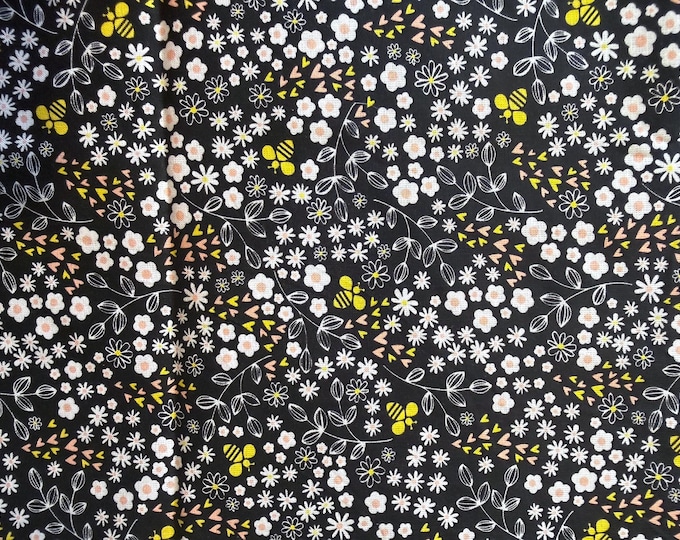 Eugene Fabrics Ditsy Floral & Bee Cotton Fabric – Midnight Garden or Honey Gold – Sold by the 1/2 Yard
