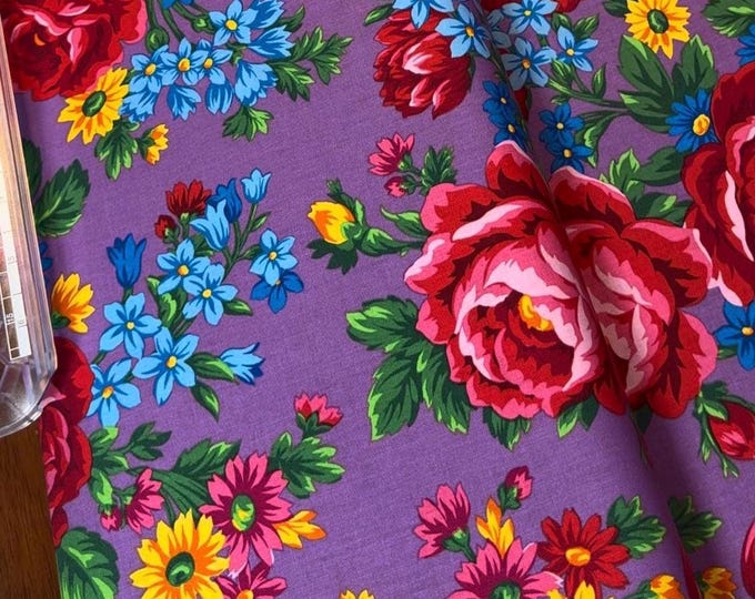 Purple Kookum Scarf Fabric by Elizabeth Studios – Floral Cotton Fabric – Ribbon Skirt Fabric – Sold by 1/2 Yard Continuous Cut
