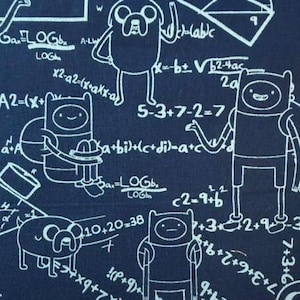 May include: Dark blue fabric with a white cartoon illustration of characters and mathematical equations. The design features figures and equations, creating a playful and educational theme. The fabric is suitable for various crafting projects.