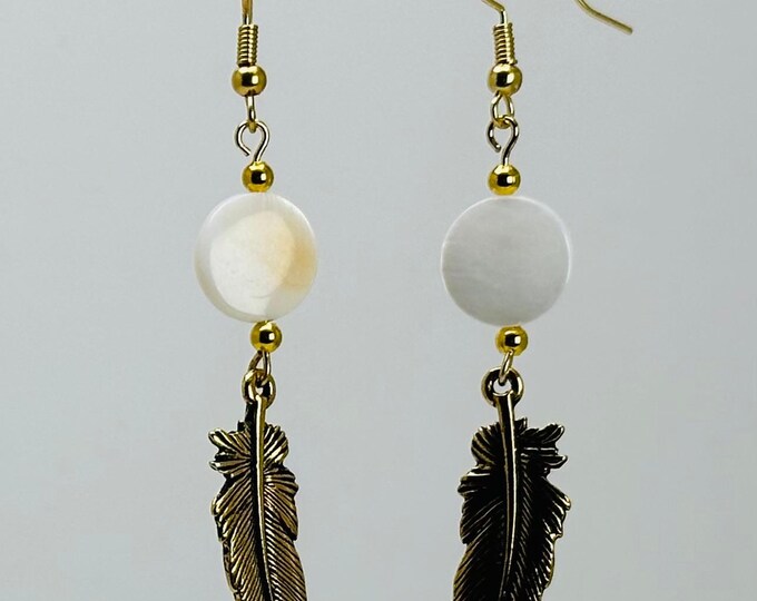 Shell Bead and Feather Earrings
