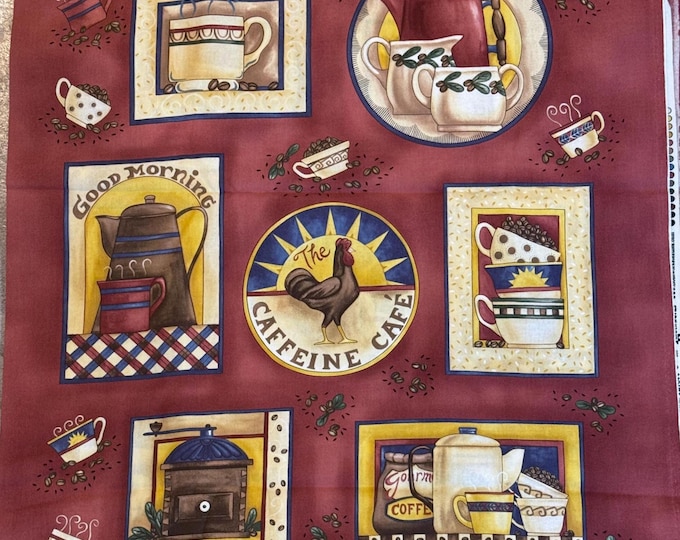 Vintage Caffeine Café Coffee Fabric Panel – Cotton Quilting Panel – Rooster Kitchen Fabric - Sold by the 1/2 Yard