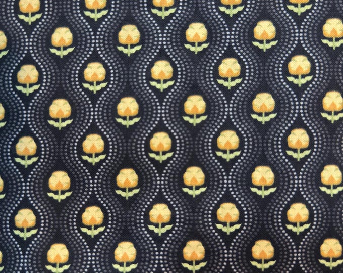 Patch of Sun Wallpaper Black Cotton Fabric | Retro Floral Quilting Fabric | Vintage Style Cotton Fabric (Sold by 1/2 Yard)