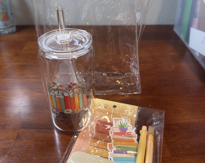 Cute Gift Tumbler Set | Glass Cup with UV DTF Design | Acrylic Lid & Glass Straw | Matching Stationery Gift Set