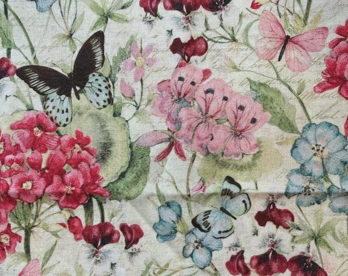 Vintage Butterfly Floral Cotton Fabric Cream Background Botanical Garden Fabric Cottagecore Quilting Cotton-Sold by the Half Yard