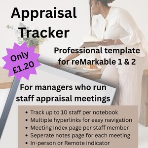 Peut inclure: Modèle numérique pour les réunions d'évaluation du personnel, avec le texte "Staff Appraisal Tracker". Comprend des hyperliens, un index des réunions et des pages de notes séparées. Conçu pour les appareils reMarkable 1 & 2.
