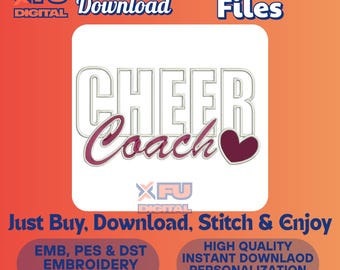 Cheer Coach Embroidery Design, Cheer Coach Heart Applique File, Applique Embroidery Pattern, Cheerleading Embroidery Design 10 inch