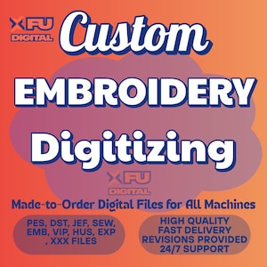 Pode incluir: Gráfico laranja e roxo com as palavras "Custom Embroidery Digitizing" em branco. A imagem também inclui o texto "Made-to-Order Digital Files for All Machines" e uma lista de tipos de arquivos.