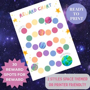 May include: A space-themed reward chart with a white background, featuring planets, stars, and colourful circles. Text includes "REWARD CHART", "START!", "REWARD!", and "READY TO PRINT". It has 30 reward spots.