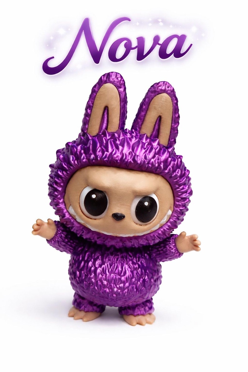 May include: A purple figurine of a creature wearing a textured, hooded outfit with bunny ears. The figurine has large eyes, a small nose, and a toothy grin. The name "Nova" is written above the figure in purple script.