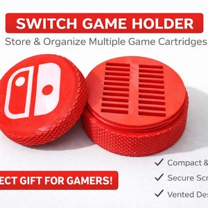 May include: Red Switch game cartridge holder with a textured surface. The holder is open, revealing slots for game cartridges. The lid features the Switch logo in white. Text on the image reads "Switch Game Holder" and "Store & Organize Multiple Game Cartridges."