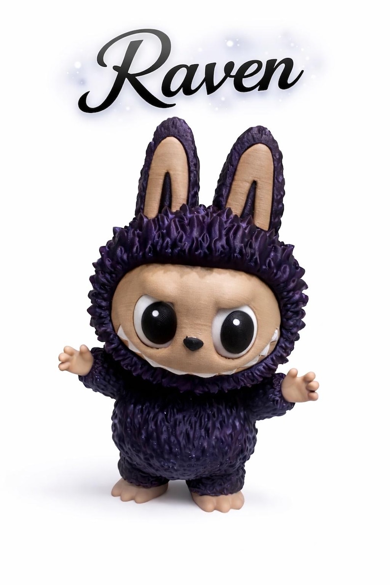 May include: A figurine of a creature with a purple furry suit and large, expressive eyes. The figure has large ears and a toothy grin. The word "Raven" is written above the figure in a stylized font.