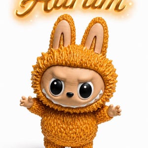 May include: A whimsical orange creature figurine with large black eyes, a toothy grin, and a furry texture. The word "Aurum" is written in gold script above the figure, which has a bunny-like appearance.