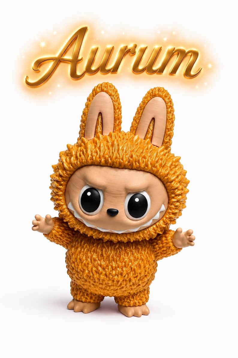 May include: A whimsical orange creature figurine with large black eyes, a toothy grin, and a furry texture. The word "Aurum" is written in gold script above the figure, which has a bunny-like appearance.