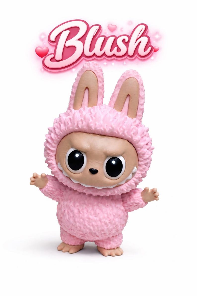 May include: A pink figurine of a creature in a bunny suit with the word "Blush" above it. The figure has large black eyes, a small nose, and a toothy grin. The bunny suit is textured and fluffy.