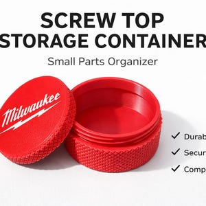 May include: Red screw top storage container with the Milwaukee logo. The container is open, revealing the interior. Text on the image reads "Screw Top Storage Container" and "Small Parts Organizer". Features include durable ABS, a secure lid, and compact size.