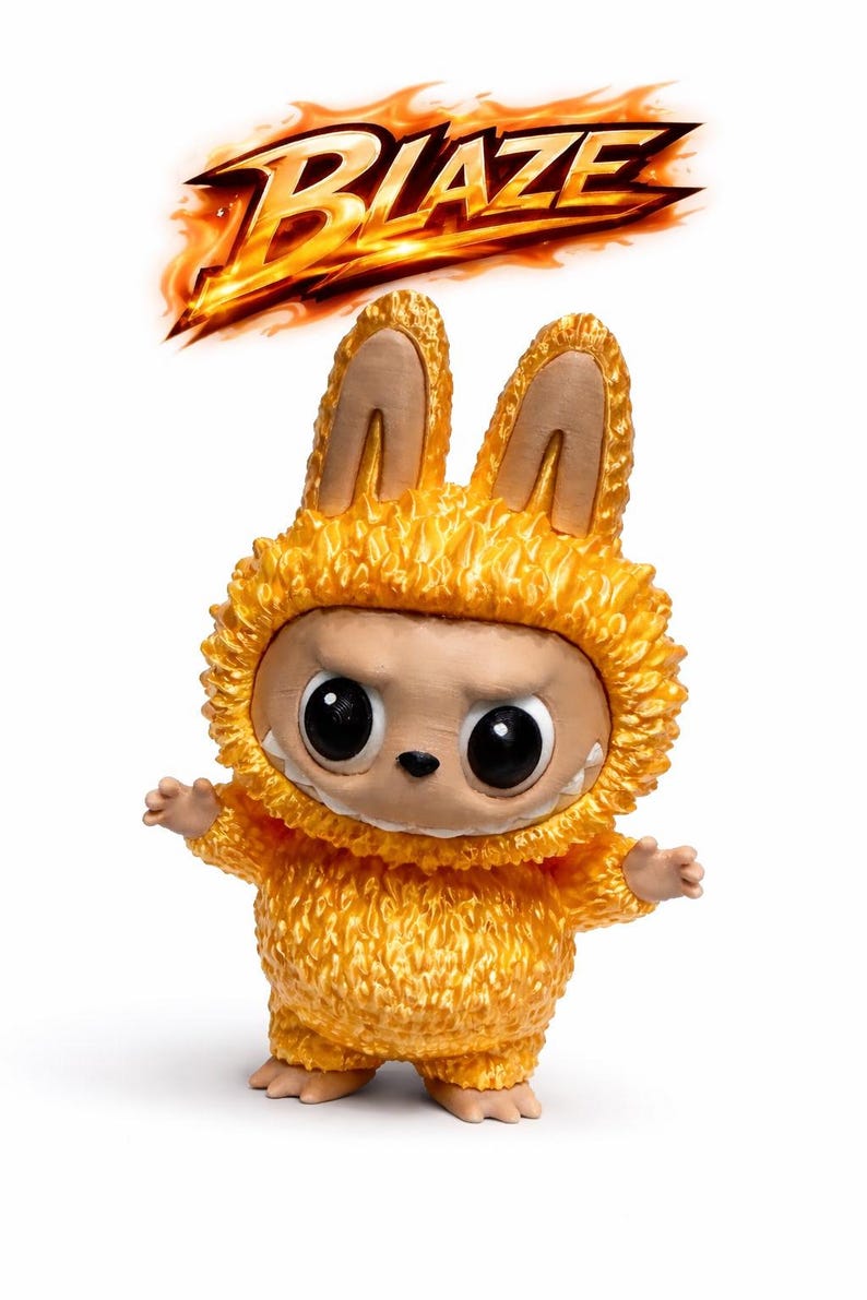 May include: A figurine of a creature in a yellow, furry bunny suit with large, black eyes and a neutral expression. The word "BLAZE" is above the figure in fiery orange text.