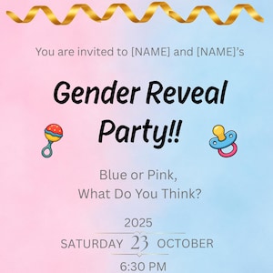 Gender Reveal Party Invitation - Gold Pink and Blue