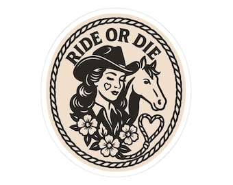 Vintage Cowgirl Kiss-Cut Stickers | Ride or Die, Western Aesthetic Decor, Laptop Stickers, Cowboy Gifts, Floral Design Stickers