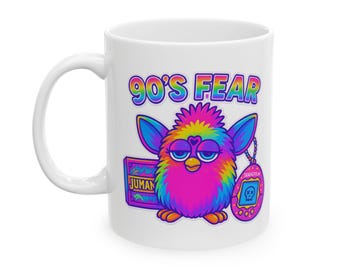 Tazza Furby anni '90 - Tazza da caffè nostalgica retrò, regalo per giocatori, divertente oggetto da collezione, atmosfera anni '90, Furbie, Jumanji, Tamagotchi