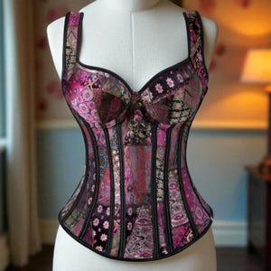 Puede incluir: Un corsé patchwork en tonos rosa, burdeos y negro, exhibido en un maniquí. El corsé presenta un escote corazón, ballenas estructuradas y paneles decorativos estampados. Las correas son negras y el diseño general es ornamentado.