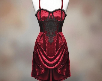 Red Crushed Velvet Gothic Mini Dress, Black Lace Corset