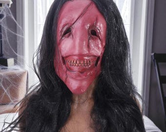 Scary Latex Halloween Mask with Wig, Creepy Cosplay Prop