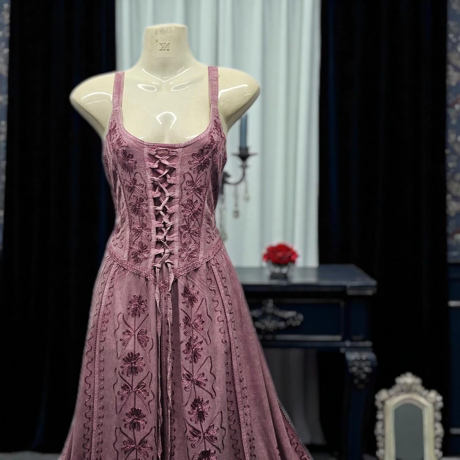 Maxi Gothic Dress Corset | Pagan Embroidered Rose | Pink Maxi Gothic Dress Corset | Pagan Embroidered Rose | Pink