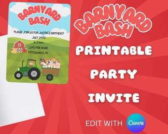 Barnyard Birthday Invitation, Editable Canva Template (Printable)