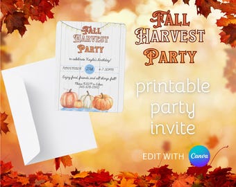 Fall Harvest Party Invitation, Pumpkin Birthday, Editable Template (Canva)
