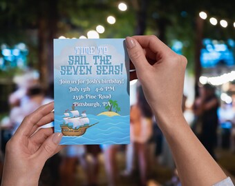 Pirate Birthday Invitation Template, Editable Canva Print