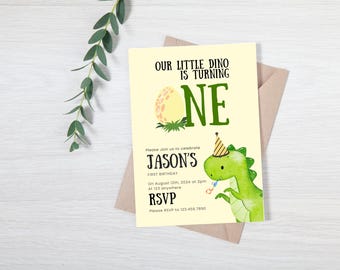 Dinosaur 1st Birthday Invitation, Editable Canva Template (Printable)