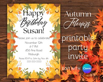 Autumn Flowers Birthday Invitation, Editable Canva Template (Printable)
