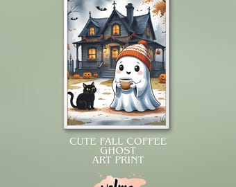 Autumn Coffee Ghost Art Print: Spooky Halloween Decor (Digital Download)