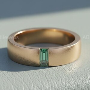 Baguette Cut Green Stone, 14k Gold Moss Agate Ring, Wedding Band, Modern Cigar Band, Mens Engagement Ring, Minimalist Flush Set Promise Ring