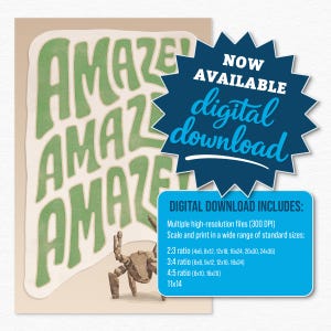 Puede incluir: Un p&oacute;ster beige con la palabra AMAZE en texto verde repetido y una ilustraci&oacute;n de un cangrejo marr&oacute;n. Un gr&aacute;fico de estrella azul oscuro dice NOW AVAILABLE digital download. Un cuadro azul claro enumera las proporciones de los archivos.