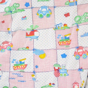 Handmade Vintage Tied Baby Quilt – Whimsical Transportation Theme