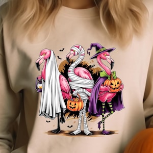 Funny Flamingo Halloween Sweatshirt, Cute Fall Crewneck for Women Men Kids, Ghost Witch Mummy Flamingo Pullover, Spooky Autumn Gift