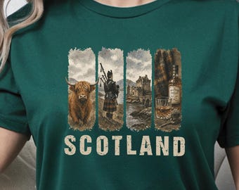May include: Dark green t-shirt featuring a graphic design with the word "SCOTLAND" in a distressed font. The design includes images of a Highland cow, a bagpiper, a castle, and a whiskey bottle and glass. The shirt is made of a soft material.