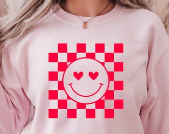 Retro Checkerboard Valentine Shirt, Heart Smiley Face Sweatshirt, Preppy Valentine Gift, Happy Face Tee, Galentines Day Crewneck, Self Love