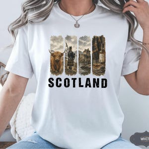 May include: White t-shirt featuring a design with four vertical panels. The panels depict a Highland cow, a bagpiper, a castle, and a bottle of whiskey. The word "SCOTLAND" is printed in bold black letters below the panels.
