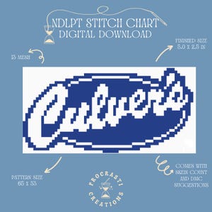 May include: Digital download stitch chart with the word "Culver's" in white pixelated letters on a blue oval. The finished size is 5.0 x 2.5 inches. The pattern size is 65 x 33. Includes skein count and DMC suggestions.
