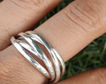 スターリングシルバーのローリングリング：トリニティインターロッキングバンド、ミニマリストギフト