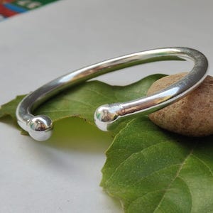 May include: A silver-colored, open-ended cuff bracelet with rounded ends. The bracelet rests on a green leaf and a small, brown stone. The bracelet's smooth, polished surface reflects light.