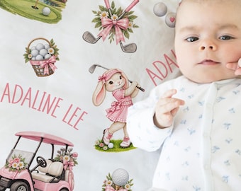 Personalized Girl Golf Baby Blanket, Custom Girl Name Gift  Flowers Golfer Theme Gift Nursery