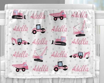 Pink construction trucks name blanket, baby girl dump truck girl blanket, construction baby, personalized baby gift, custom name blanket