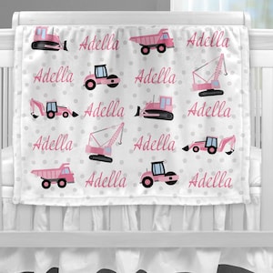 Pink construction trucks name blanket, baby girl dump truck girl blanket, construction baby, personalized baby gift, custom name blanket