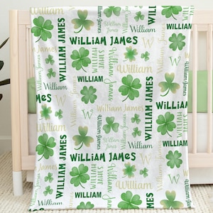 Personalized Shamrock Baby Name Blanket St Patricks day Irish gift blanket for baby shower or nursery cute shamrock swaddle blanket gift